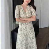 Green Floral V-neck Chiffon Midi Dress