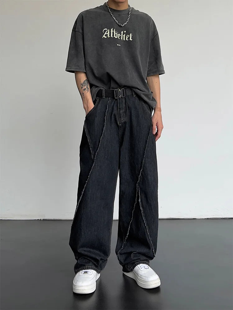 Straight Leg Distressed Patchwork Denim Jeans