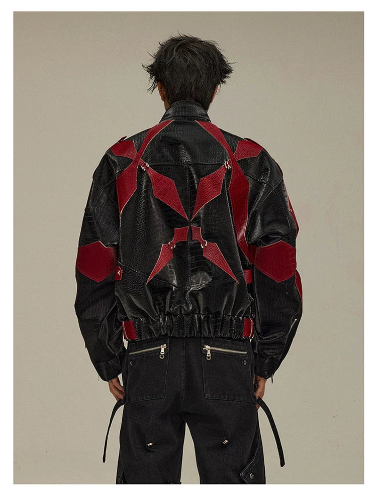 Acubi Cross Print Patchwork Leather Jacket