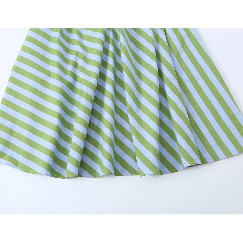 Casual Green Sleeveless Striped With Belted Midi Dress