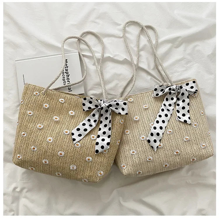 Bow-Tie Embroidery Daisy Shoulder Bag