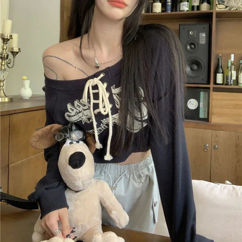 Y2K Vintage Cropped Off-shoulder Sweatshirt