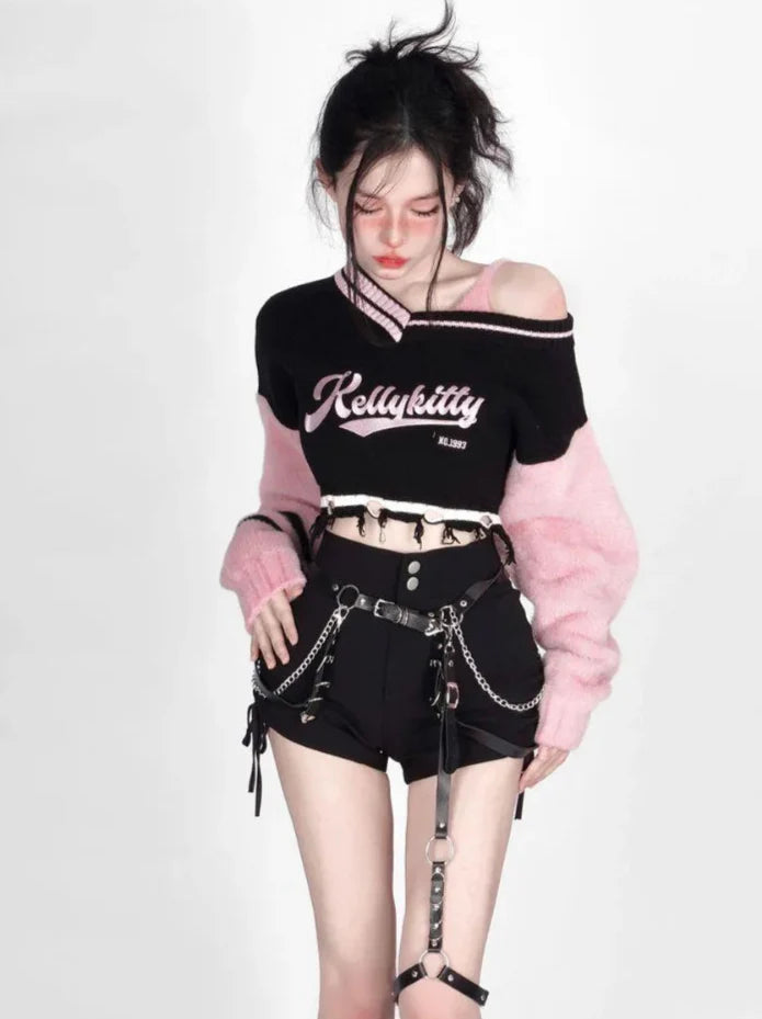 Off Shoulder Patchwork Sweater