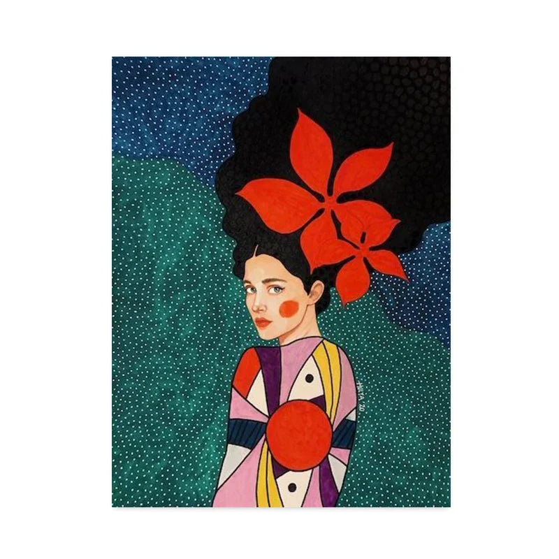 Retro Flowers Girls Hair Paintings Poster