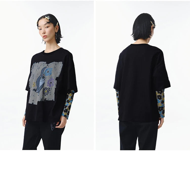 Double-sleeved Funny Animal Print Top
