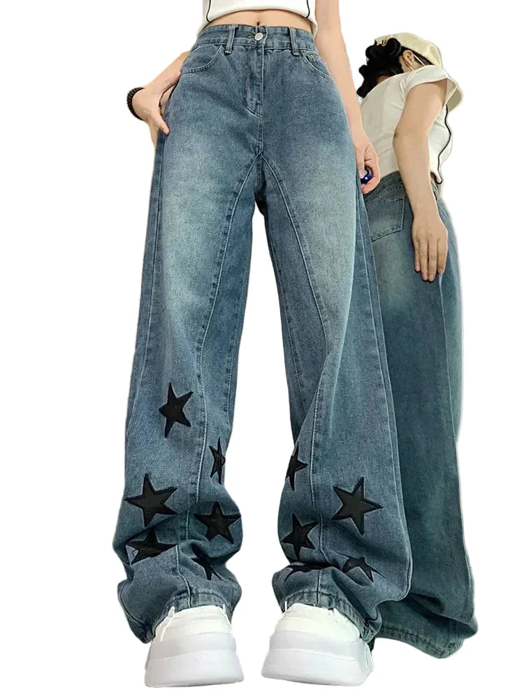 High Waist Wide Leg Retro Star Jeans