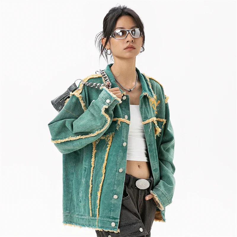 Cyberpunk Stitched Green Long Sleeve Denim Jacket