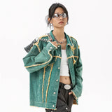 Cyberpunk Stitched Green Long Sleeve Denim Jacket