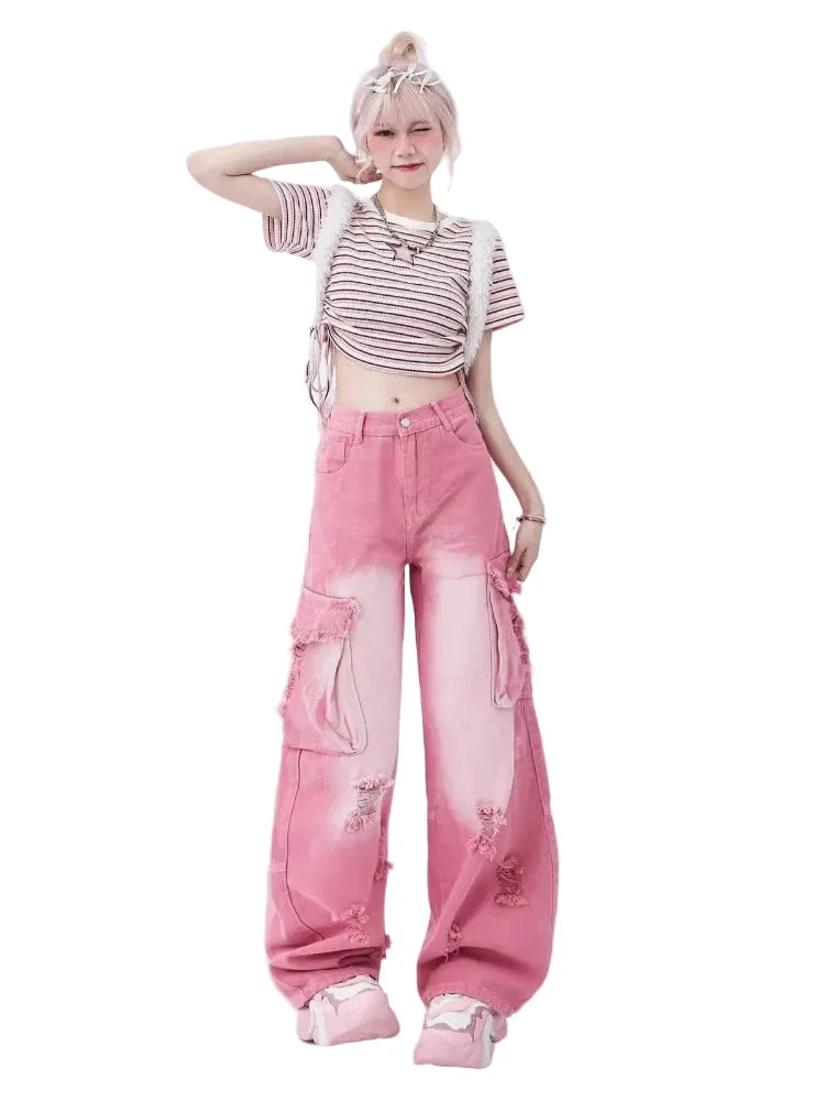 Barbie Core Distressed Cargo Jeans