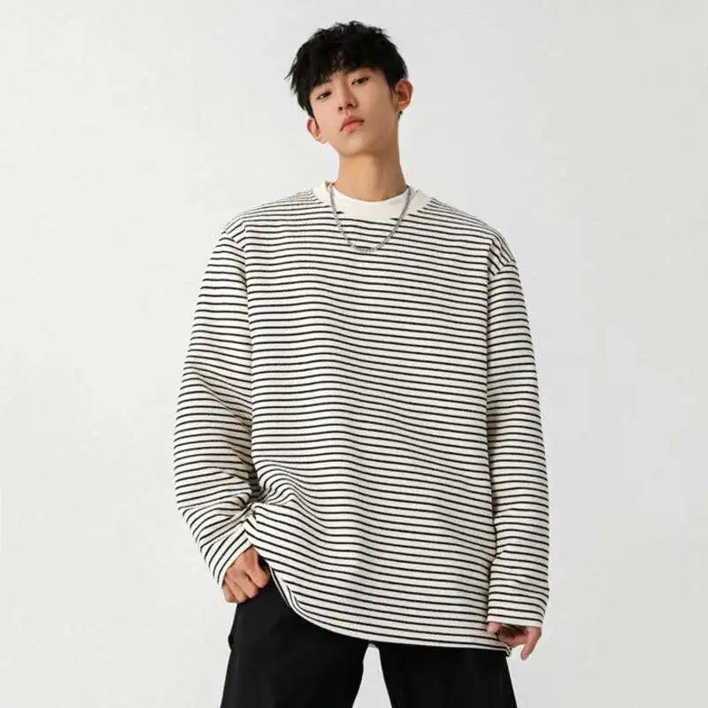 Korean Spring Striped Round Collar Casual T-Shirt