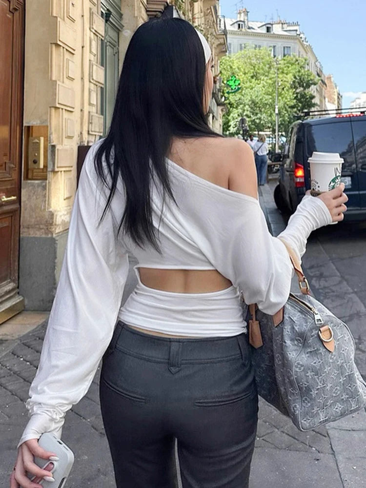 Solid Off Shoulder Long Sleeve T-shirts