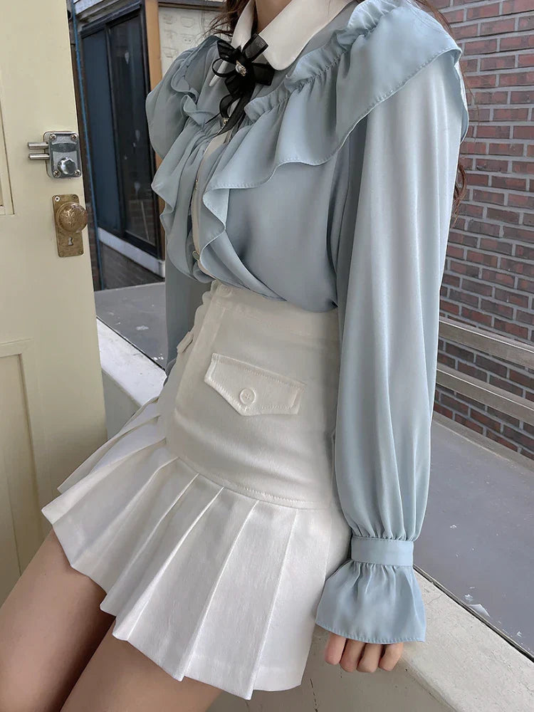 Sweet Bow Ruffle Patchwork Blouse