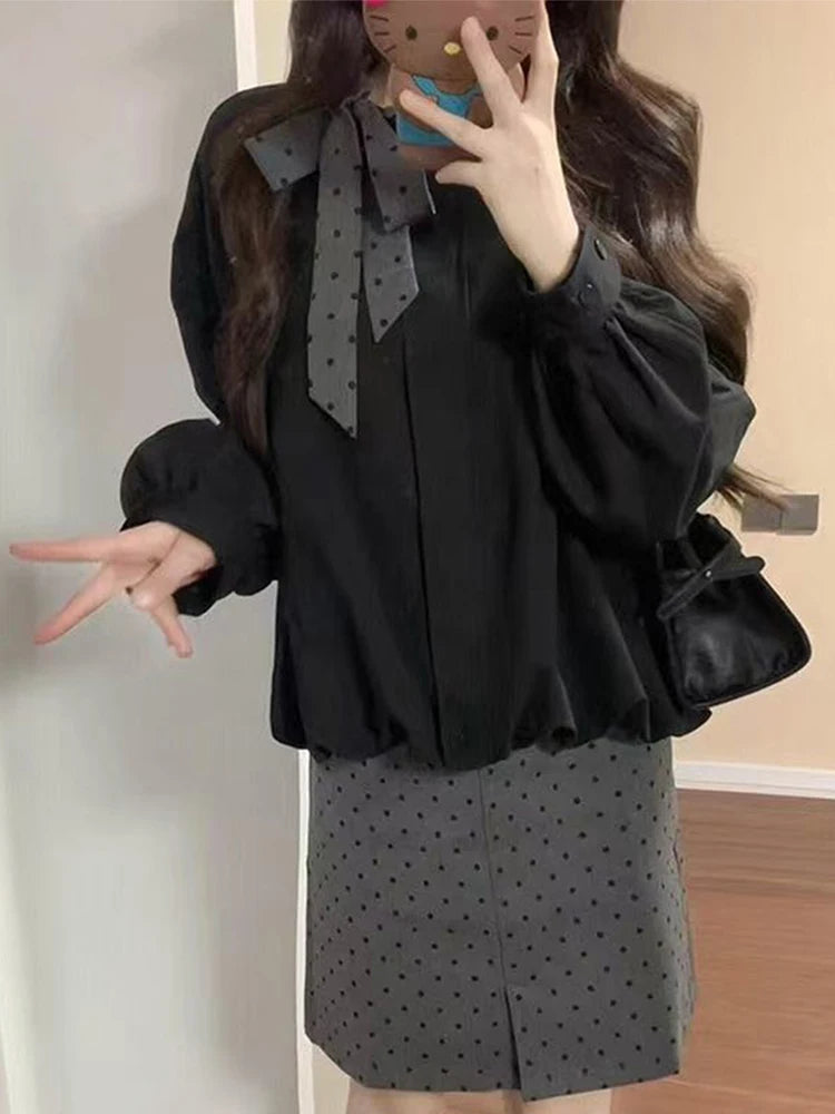 Vintage Long Sleeve Black Shirt Blouse