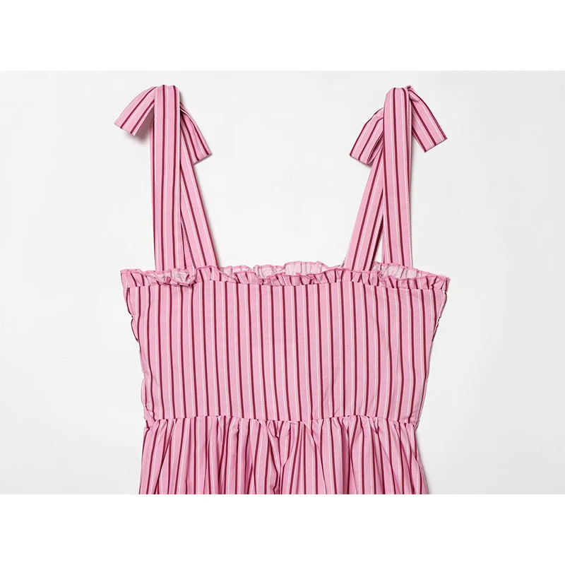 Pink Striped Midi Dress Tie Shoulder Straps