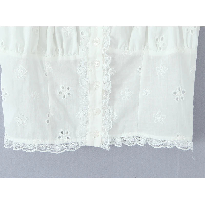 Embroidery Floral Crop White Shirt