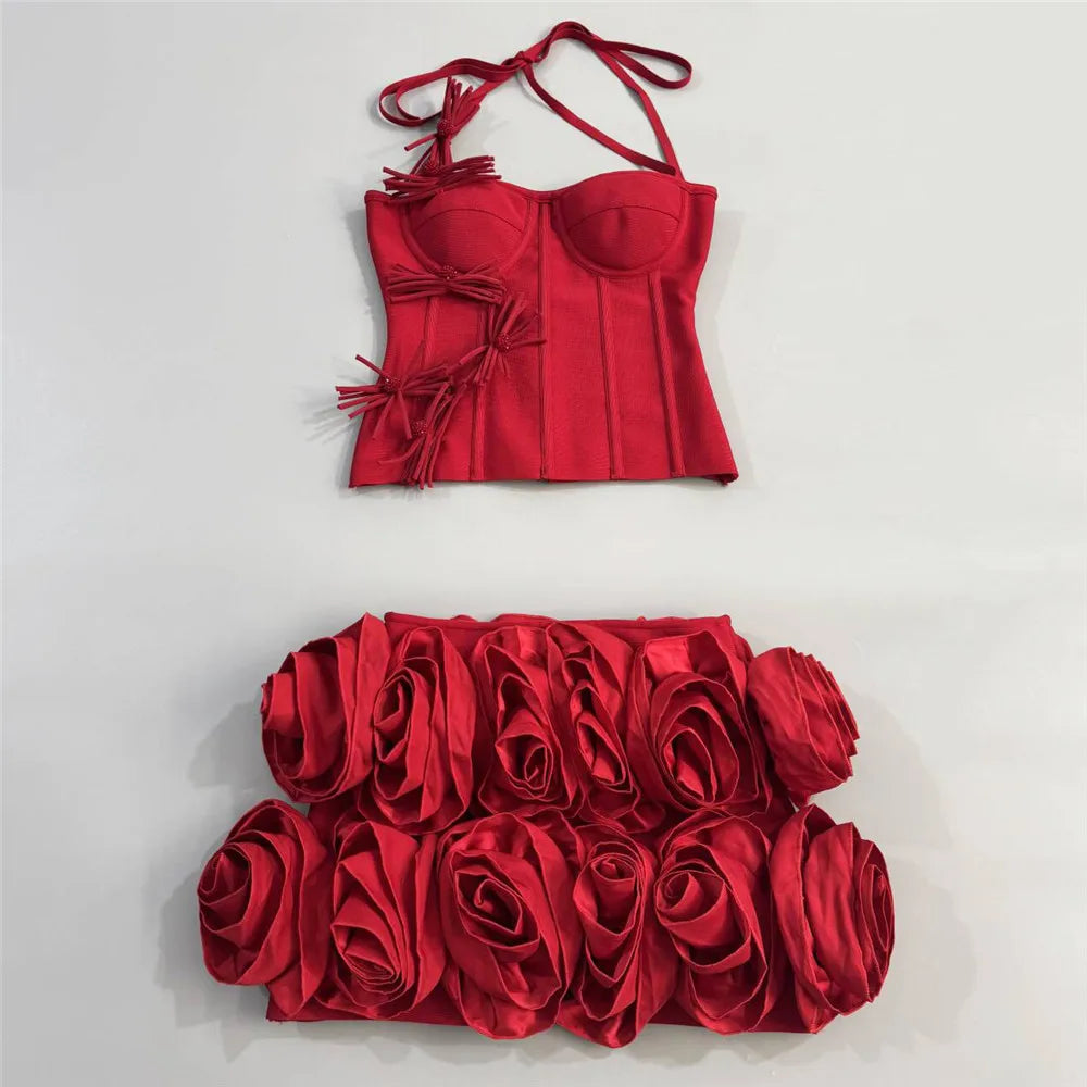 Flowers Corset Top & Ruffled Mini Skirt Set