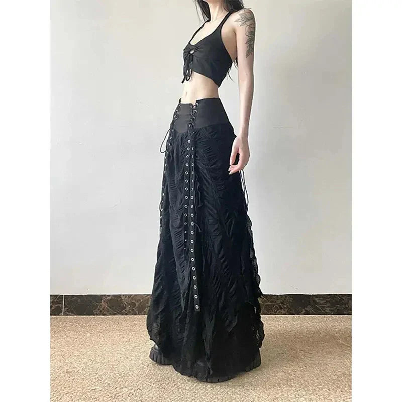Vintage Lace Patchwork Mesh Maxi Skirt