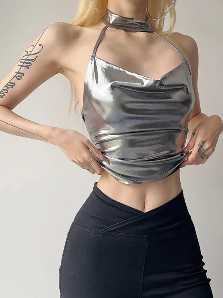Y2k Silver Hanging Neck Crop Top