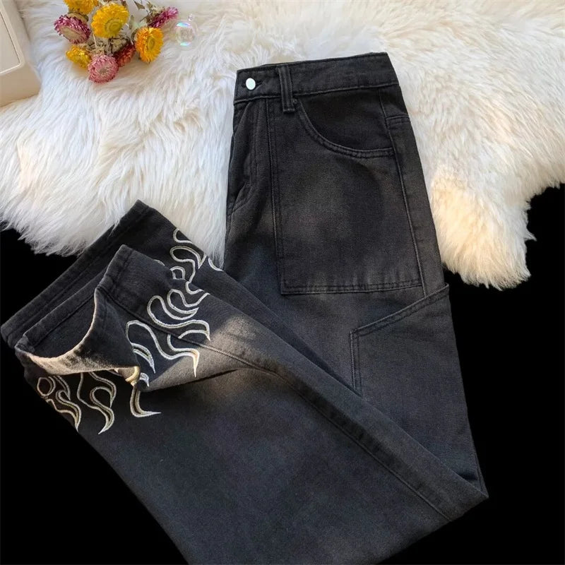 Flame Print Baggy Wide Leg Jeans