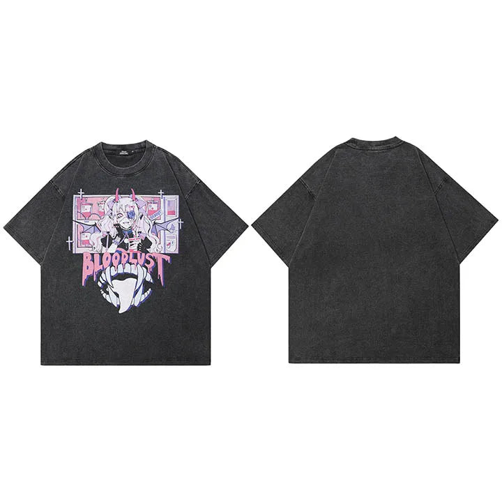 Anime Cartoon Graphic Washed Black T-Shirt