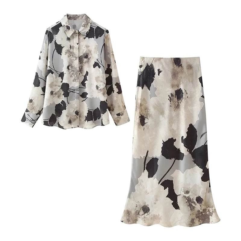 Women Vintage Flora Print Satin Shirt