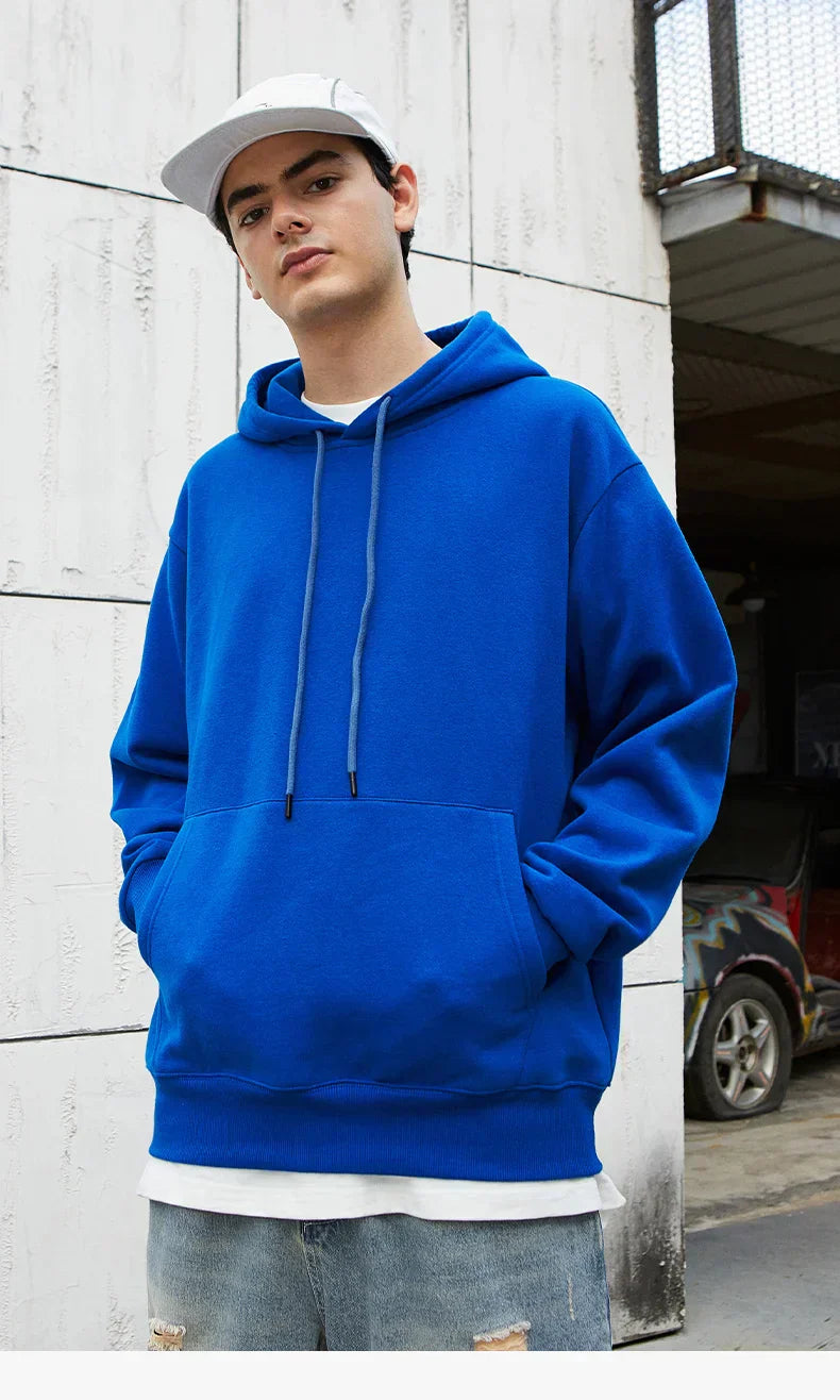 Blue Solid Color Autumn Hoodie