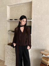 Brown Chiffon long Sleeve Ribbon Blouse