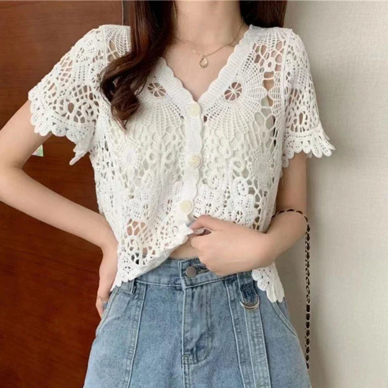 Y2K Handmade Crochet Knitted V-Neck Cardigan