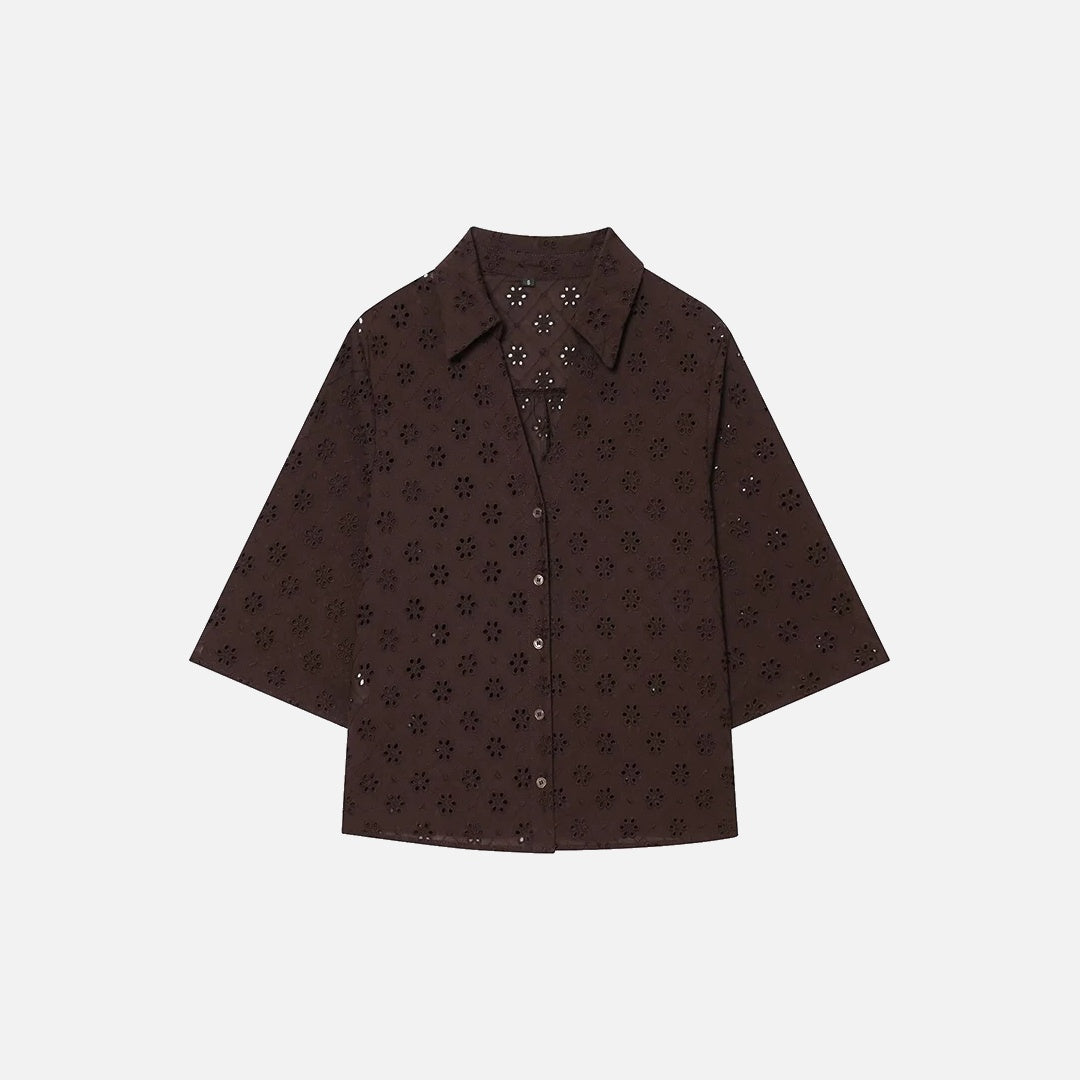 Women Brown Openwork Embroidery Shirt