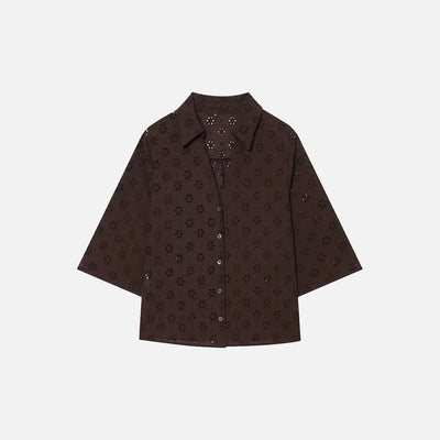 Women Brown Openwork Embroidery Shirt