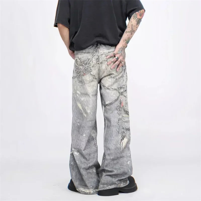 Jeans mit Ketten-Print, gerader Schnitt