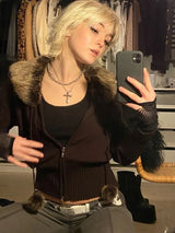 Y2K Fur Cropped Zip-up Cardigan