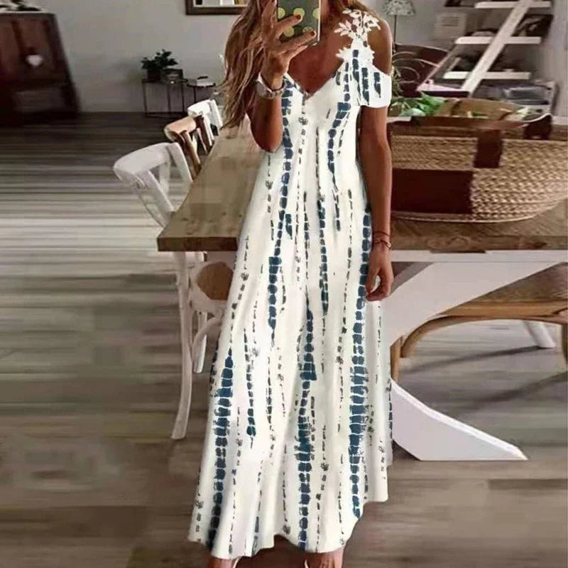 Women's Flower Print Boho White Maxi Dress