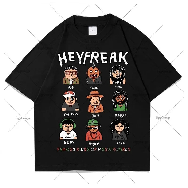 Camiseta Negra Suelta con Estampado de Dibujos Animados Casual