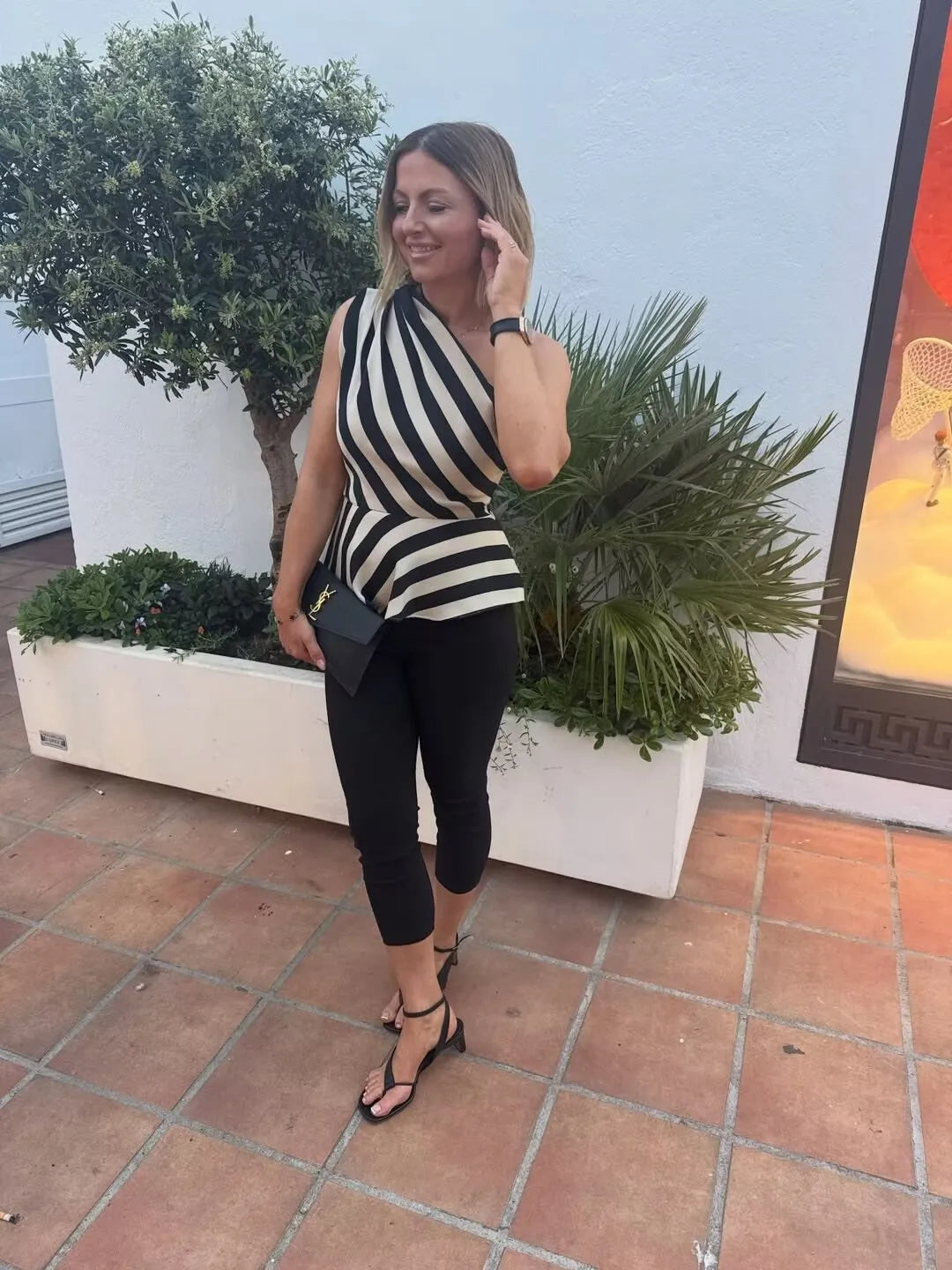Striped One Shoulder Sleeveless Blouse