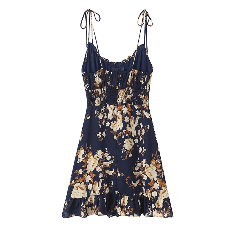 French Vacation-style Floral Print Sleeveless Dress