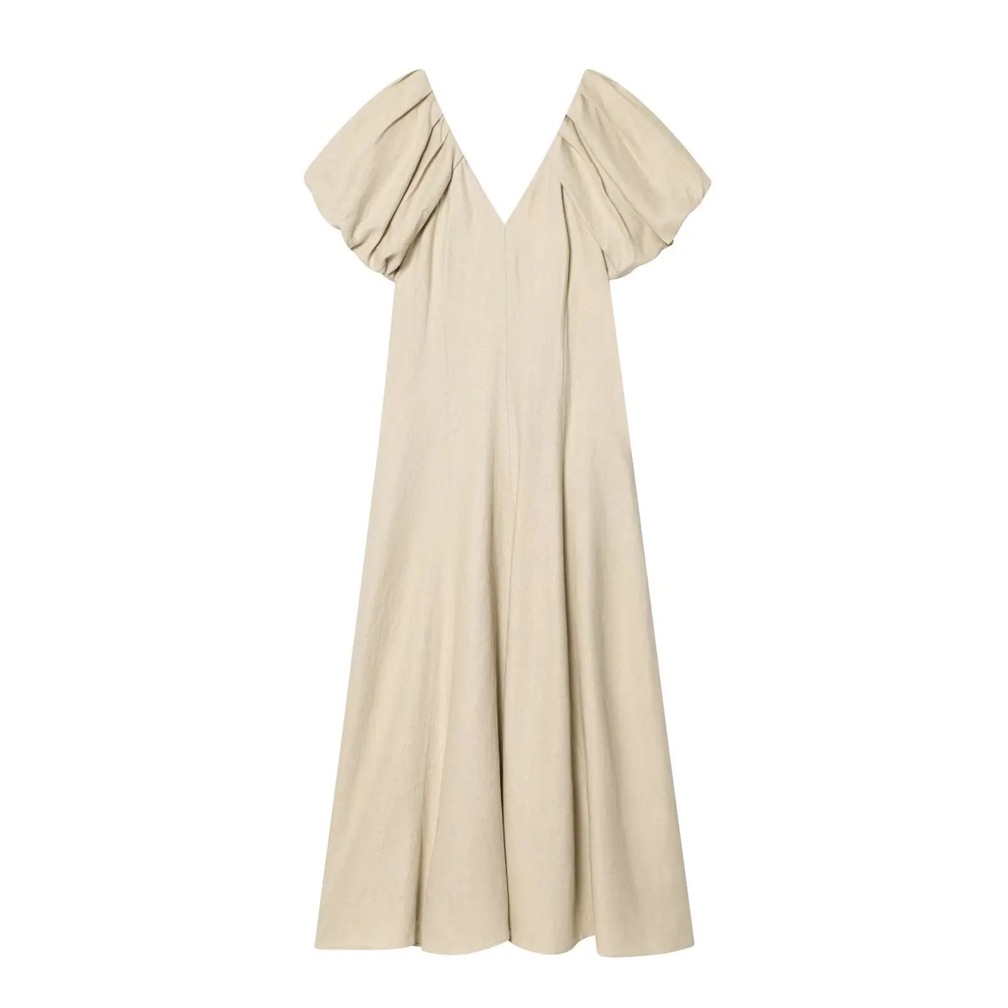 Solid V Neck Puff Sleeve Midi Dress