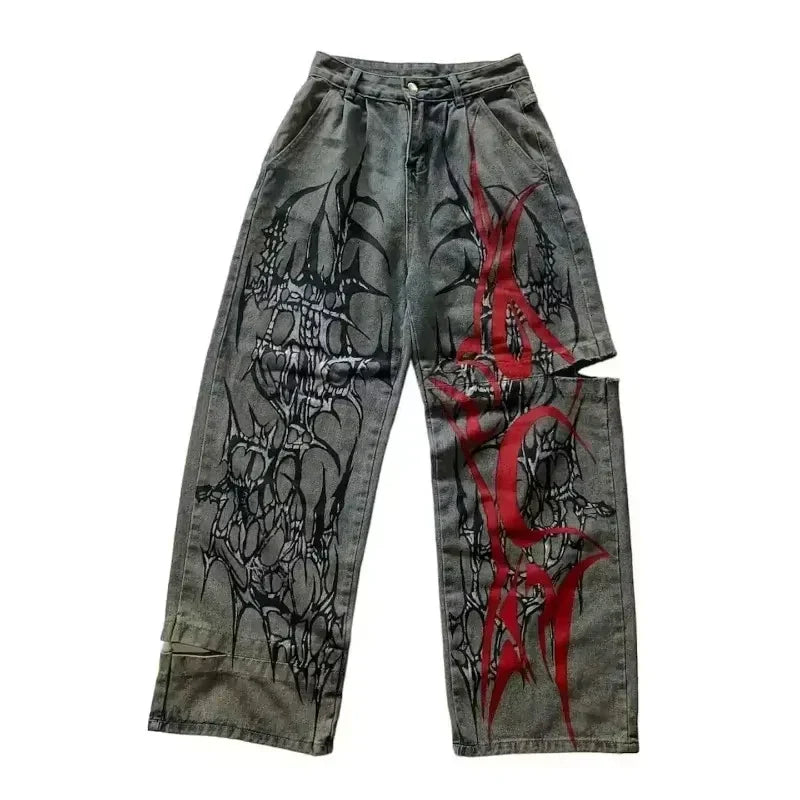 Grunge Embroidery Red Jeans