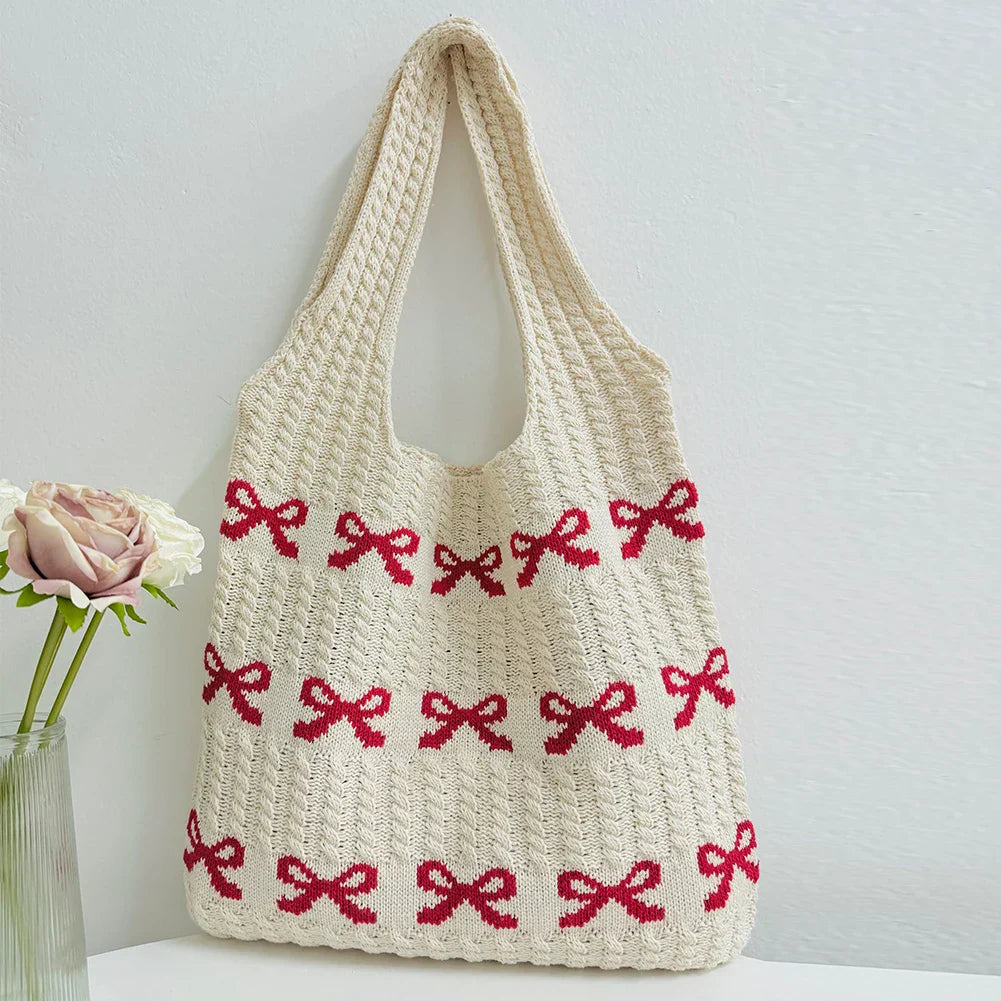 Bow Pattern Knitted Crochet Tote Bag