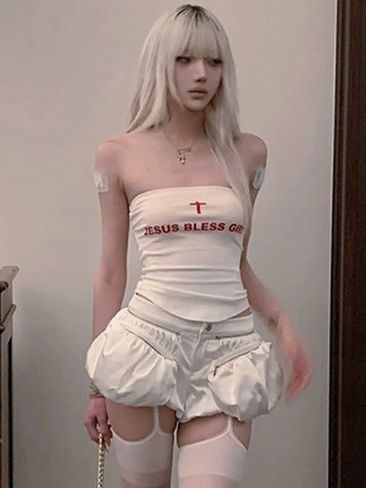 Y2K Letters Print Tube Strapless Top