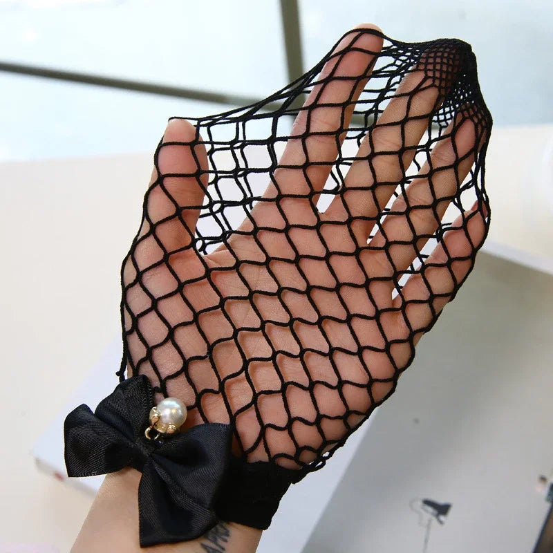 Ladies Fishnet Socks Heel With Bow Pearls Funny Breathable Socks