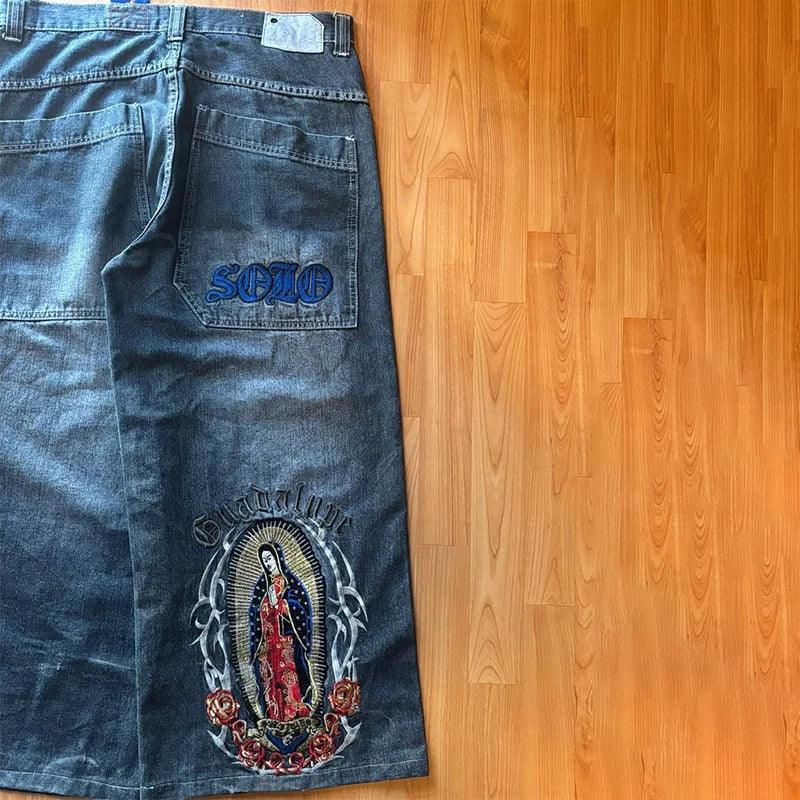 Virgin Mary Embroidered Wide Jeans
