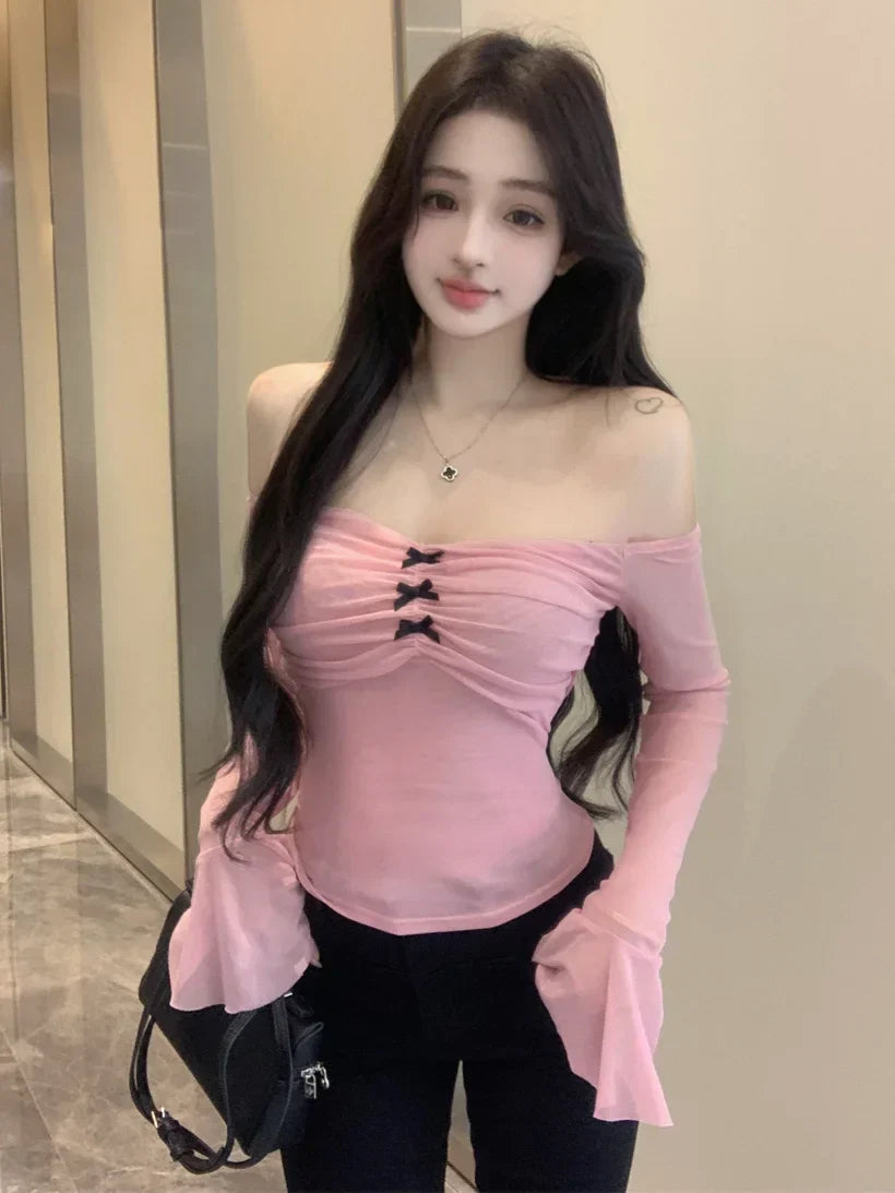 Pink Mesh Bow Cropped Long Crop Top