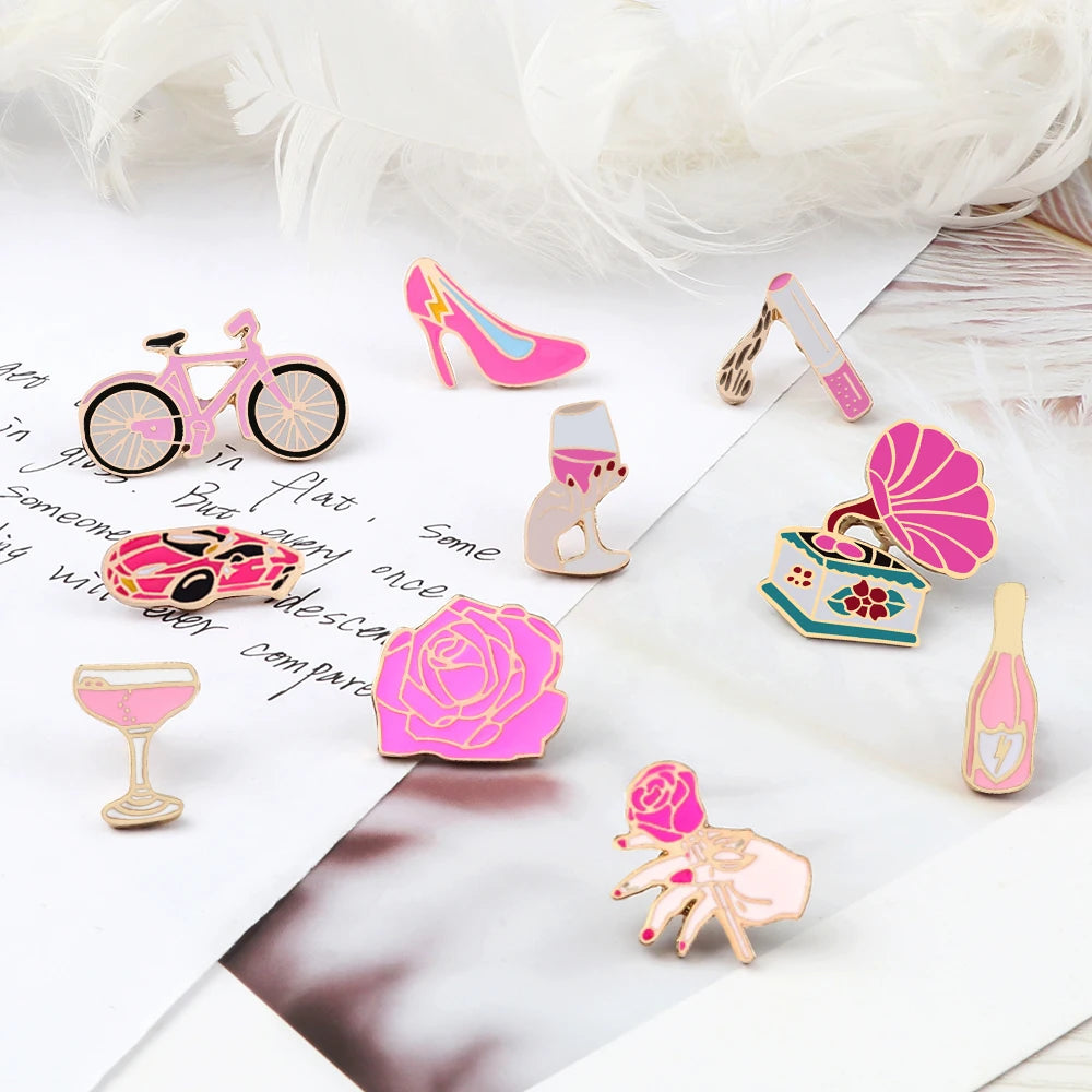 Women Pink Rose Enamel Brooches