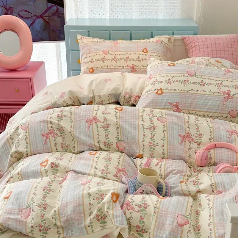 Pink Plaid Bowknot Bedding Set