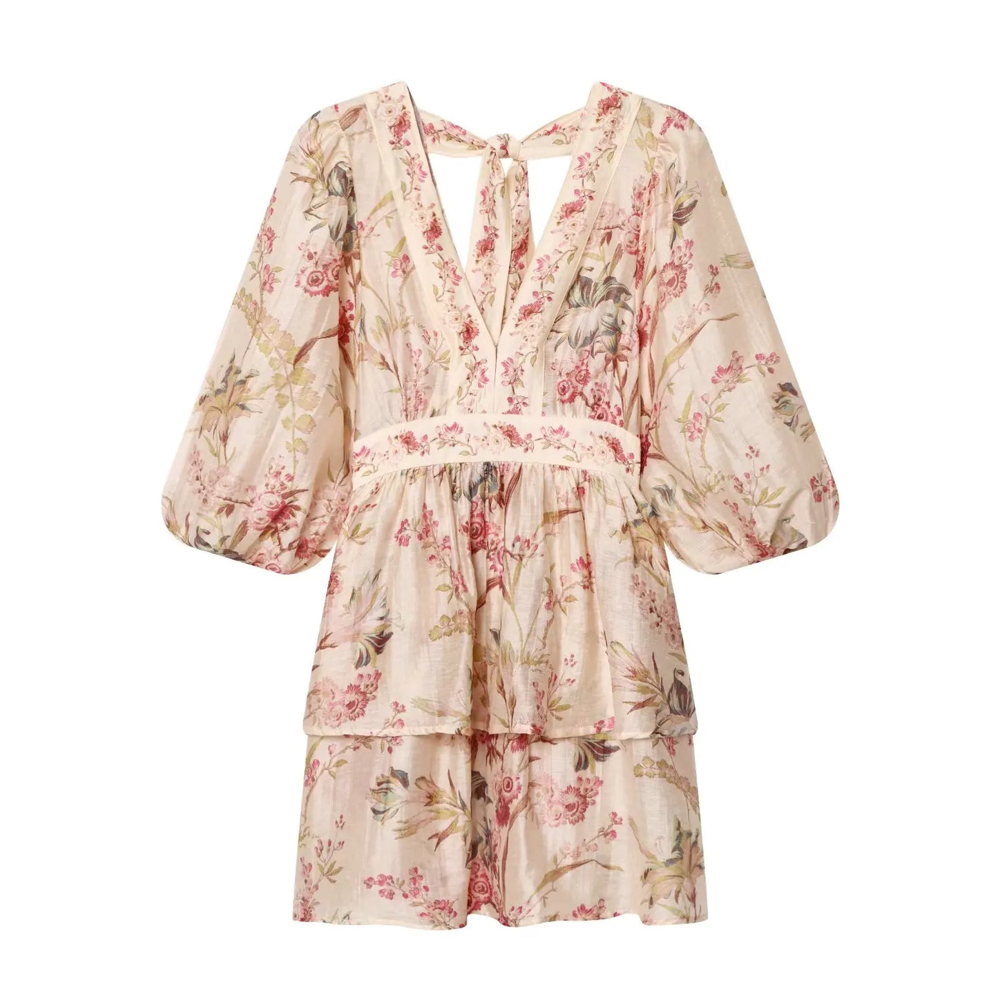 Vintage V Neck Floral Print Short Dress