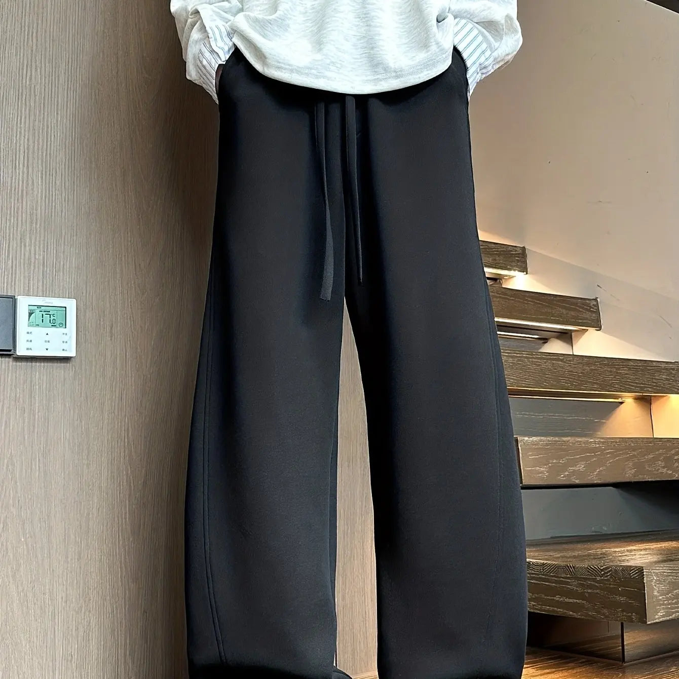 Solid Black Elastic Waist Baggy Pants