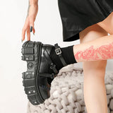 Cross Belt Black Leather Platform Shoes