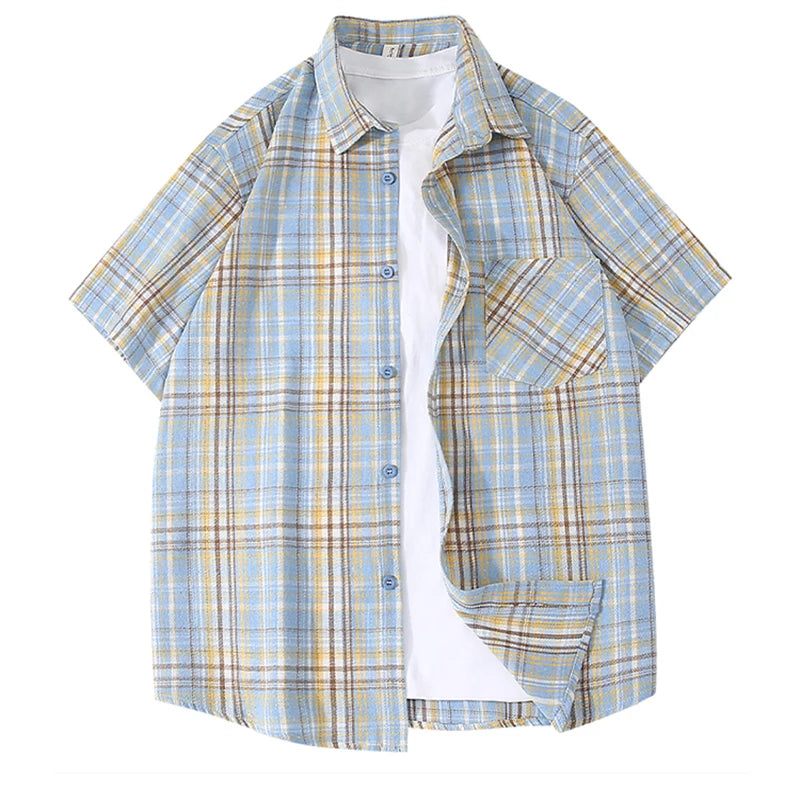 Plaid short-sleeve shirt over a white t-shirt on a white background