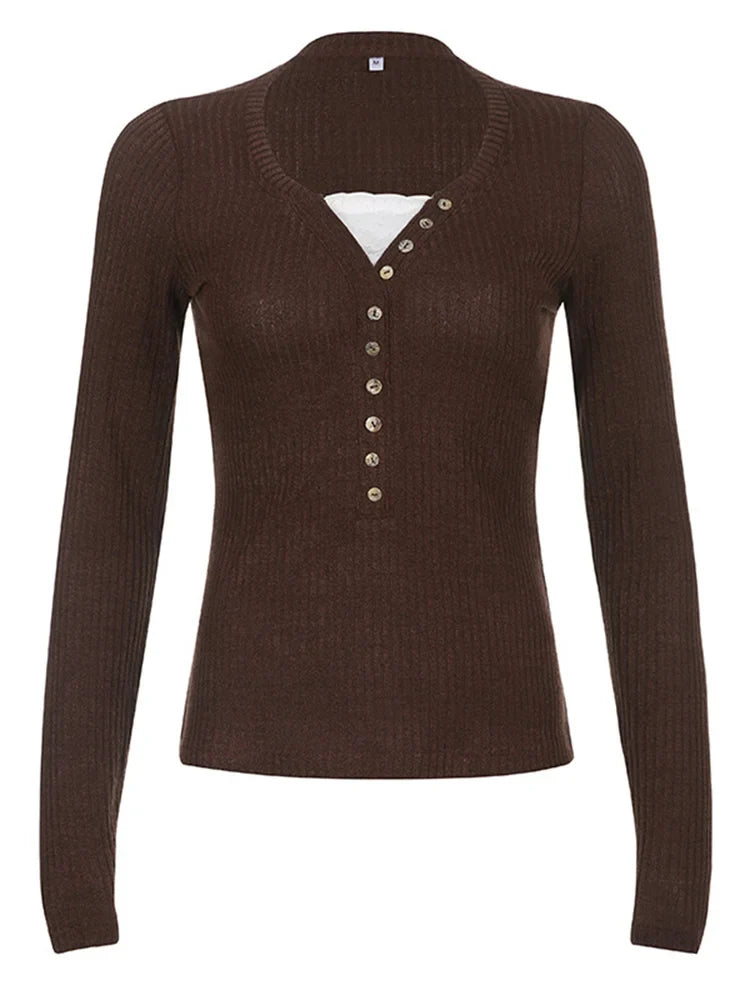 Grunge V-neck Button Long Sleeve Top